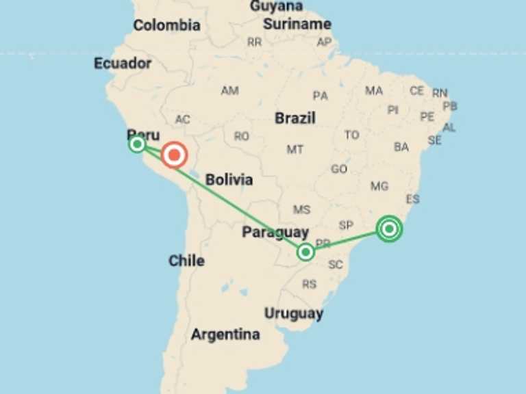 Map of South America Tour with 6 destination visits for the trip: Essential Brazil And Peru