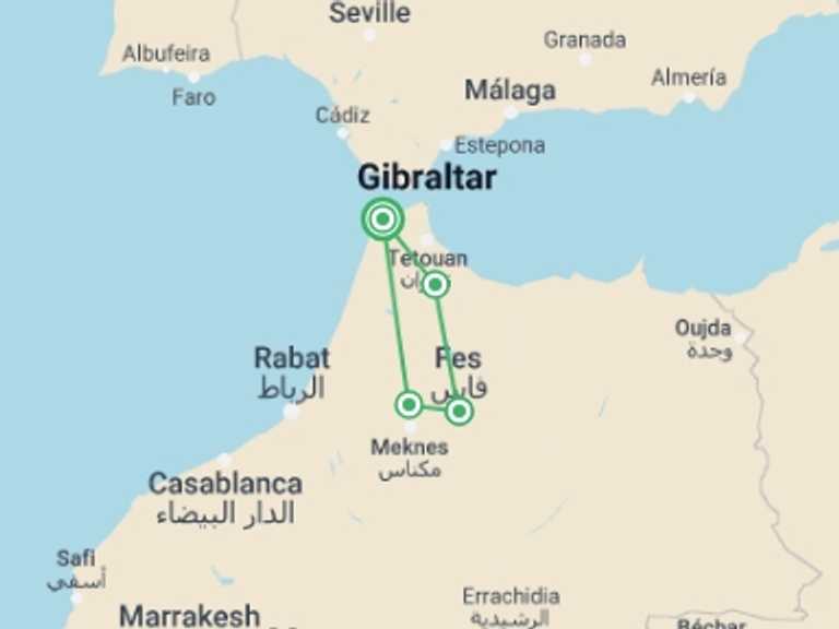 Map of Tangier Tour with 3 destination visits for the trip: Three-Day Morocco Tour From Spain