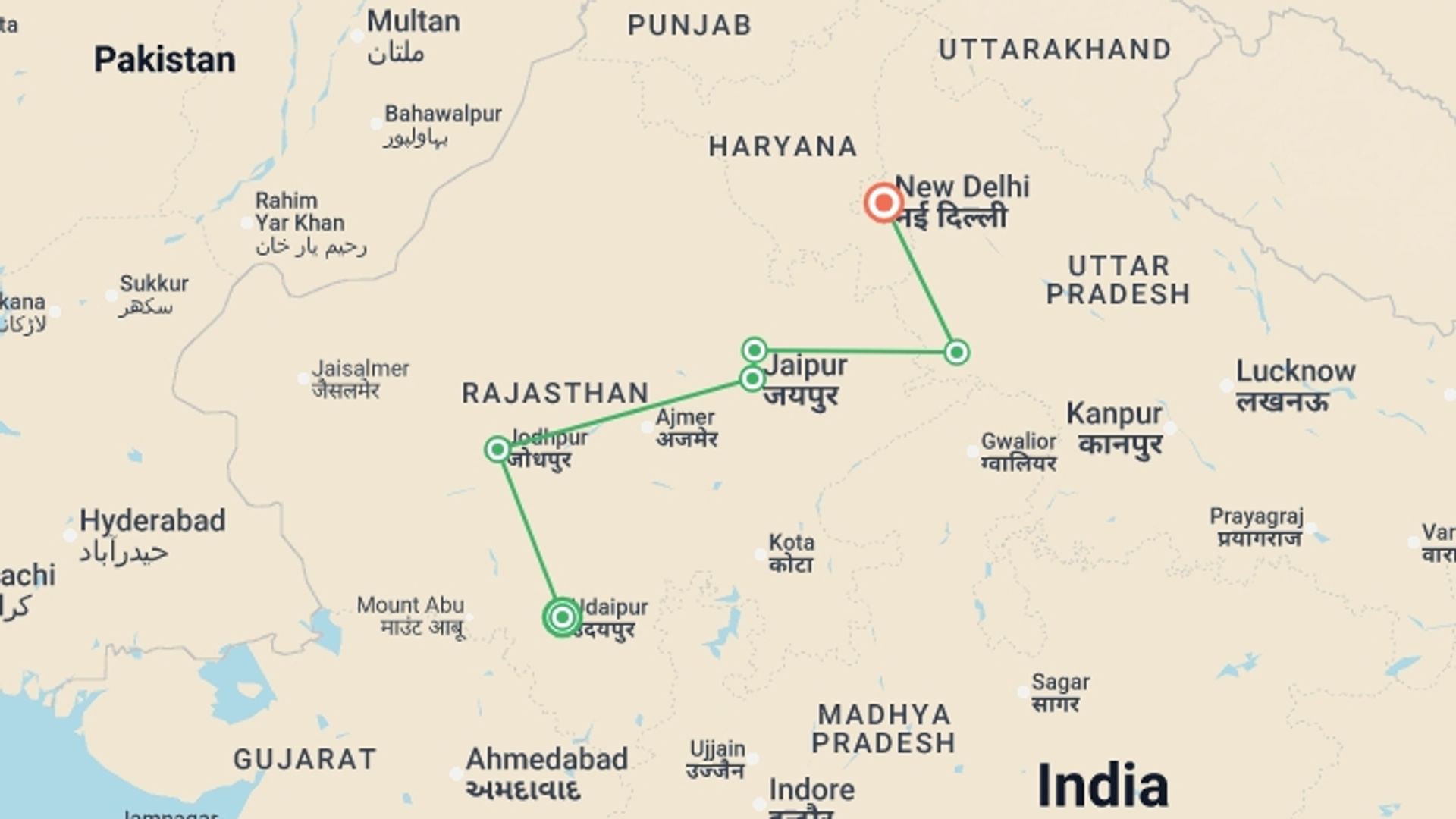 A map showing the tour itinerary for the trip: India Luxury Tour: Fort & Palace of Rajasthan, starting in Udaipur, India and ending in New Delhi, India going through 4 other destinations.