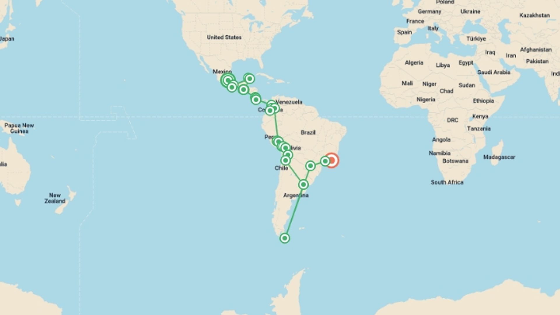 A map showing the tour itinerary for the trip: Epic Central & South America - 52 days, starting in Mexico City, Mexico and ending in Rio de Janeiro, Brazil going through 27 other destinations.