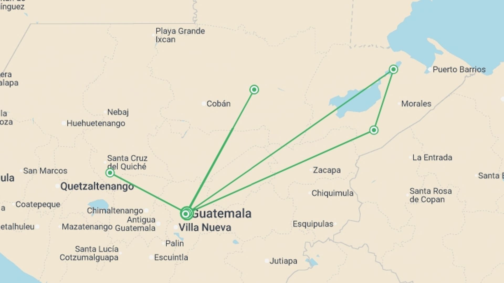 A map showing the tour itinerary for the trip: The Magic Of Guatemala, starting in Guatemala City, Guatemala and ending in Guatemala City, Guatemala going through 5 other destinations.