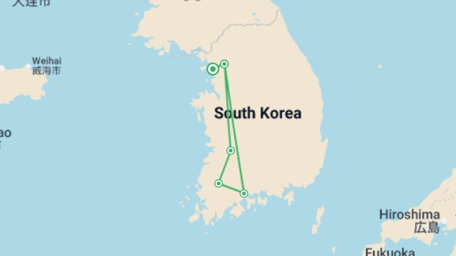 A map showing the tour itinerary for the trip: Korean Heritage & Culinary Journey - 6 days, starting in Incheon, South Korea and ending in Incheon, South Korea going through 4 other destinations.