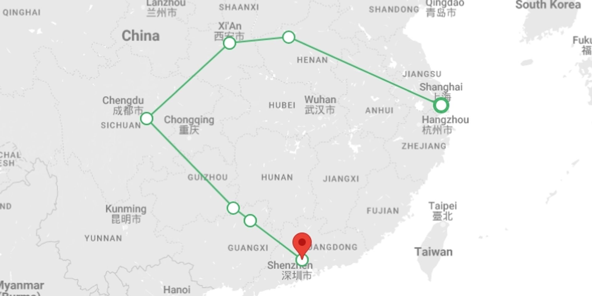 A map showing the tour itinerary for the trip: Discover China end Guangzhou, starting in Shanghai, China and ending in Guangzhou, China going through 5 other destinations.