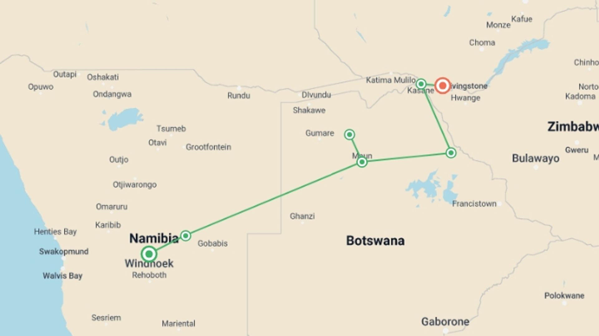 A map showing the tour itinerary for the trip: 8-day Okavango Delta  Chobe Express Camping, starting in Windhoek, Namibia and ending in Livingstone, Zambia going through 5 other destinations.