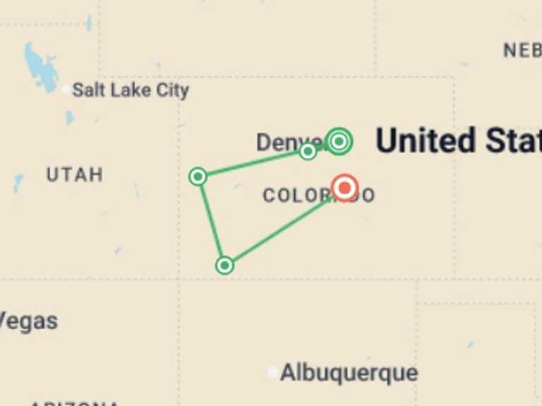 Map itinerary of Denver Tour in August 2026 with 5 destination visits for the trip: The Colorado Rockies featuring National Parks and Historic Trains
