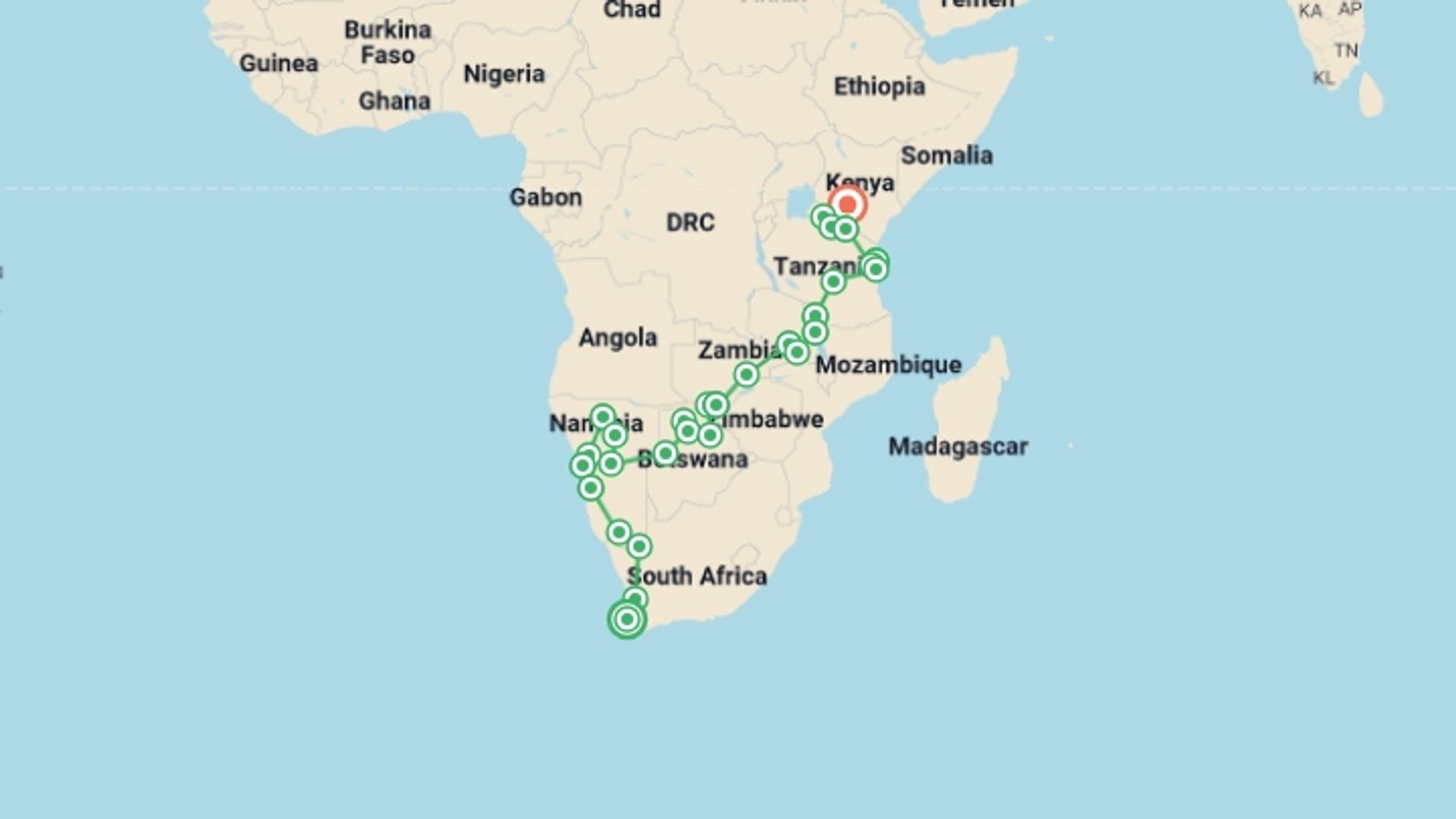 A map showing the tour itinerary for the trip: Cape Town to Nairobi Overland Safari & Participation Camping, starting in Cape Town, South Africa and ending in Nairobi, Kenya going through 28 other destinations.