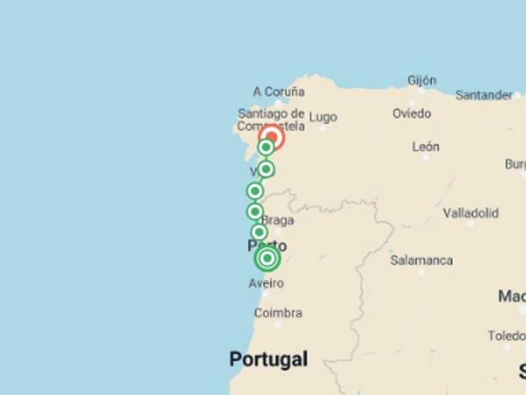 Map of Europe Tour with 7 destination visits for the trip: Portuguese Coastal Camino Cycle - Porto to Santiago
