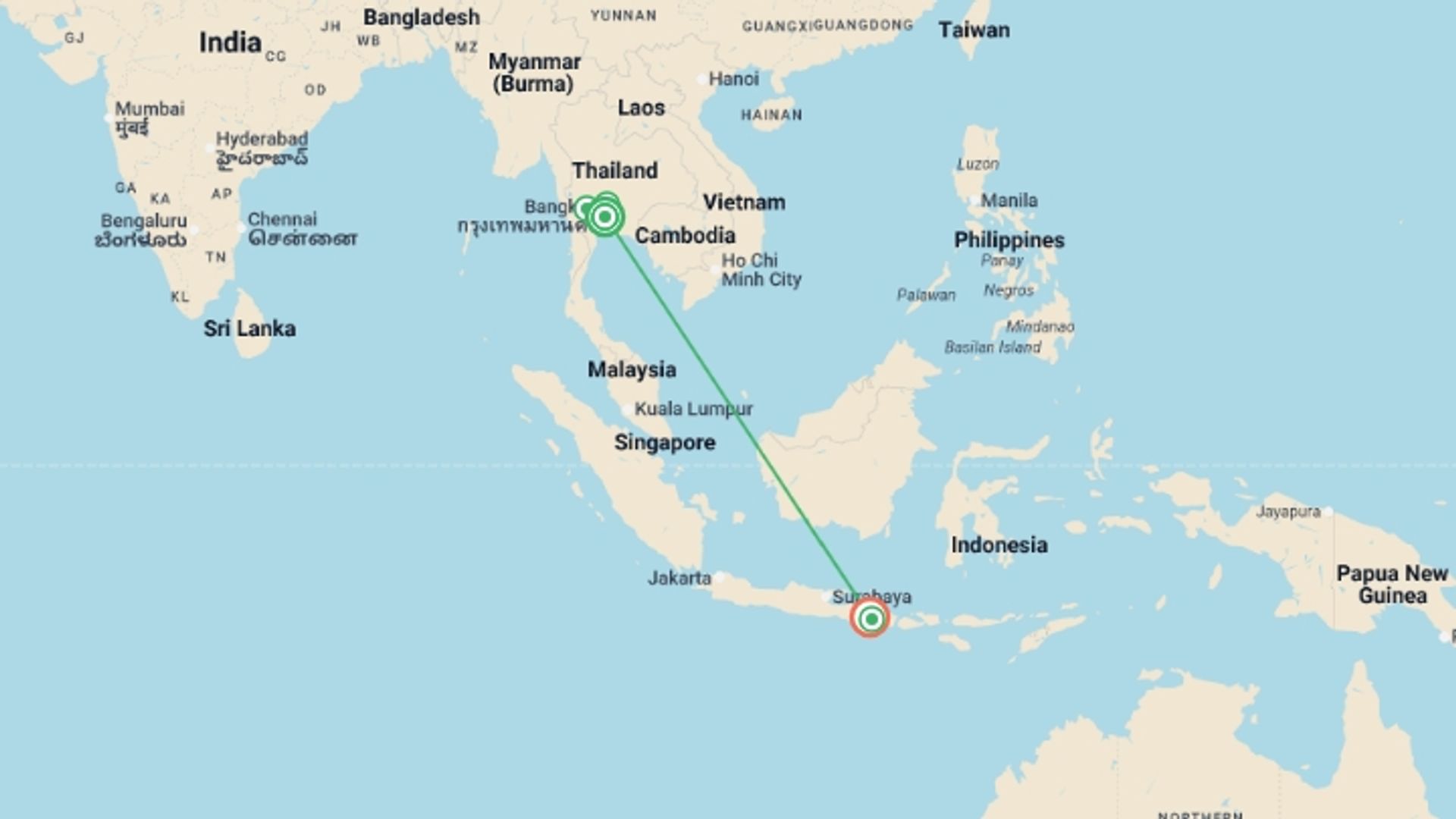 A map showing the tour itinerary for the trip: Thailand And Bali Odyssey, starting in Bangkok, Thailand and ending in Bali, Indonesia going through 3 other destinations.