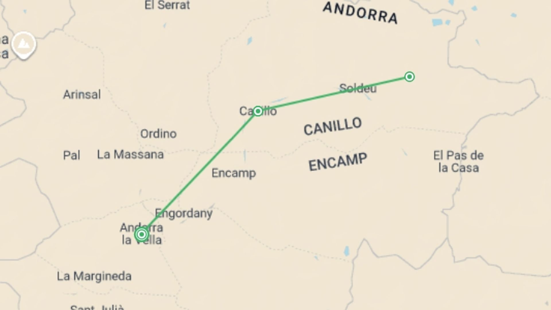 A map showing the tour itinerary for the trip: Walking in Andorra, starting in Andorra La Vella, Andorra and ending in Andorra La Vella, Andorra going through 2 other destinations.