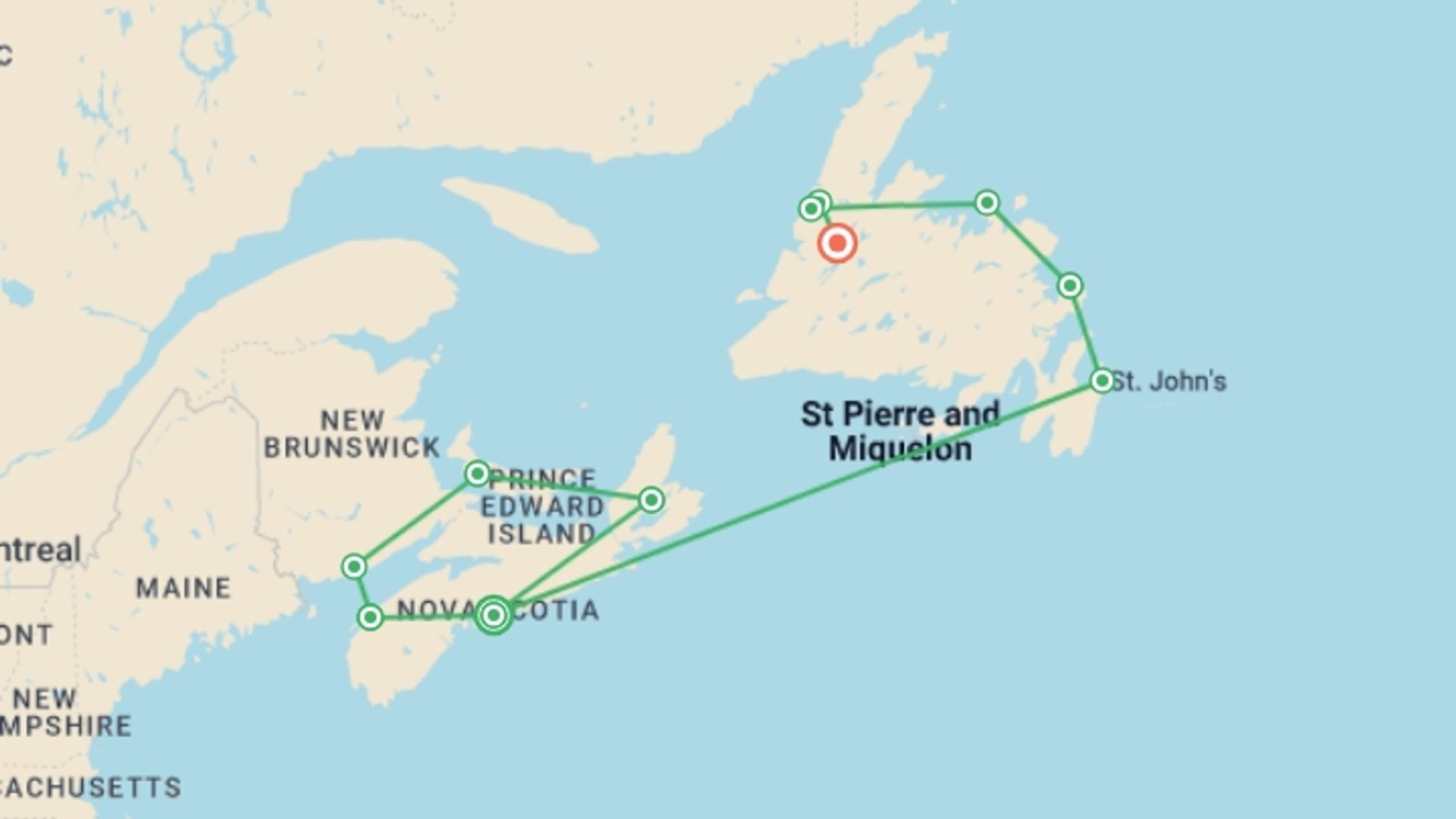 A map showing the tour itinerary for the trip: Eastern Canada: Highlights of the Maritimes & Newfoundland, starting in Halifax, Canada and ending in Deer Lake, Canada going through 9 other destinations.