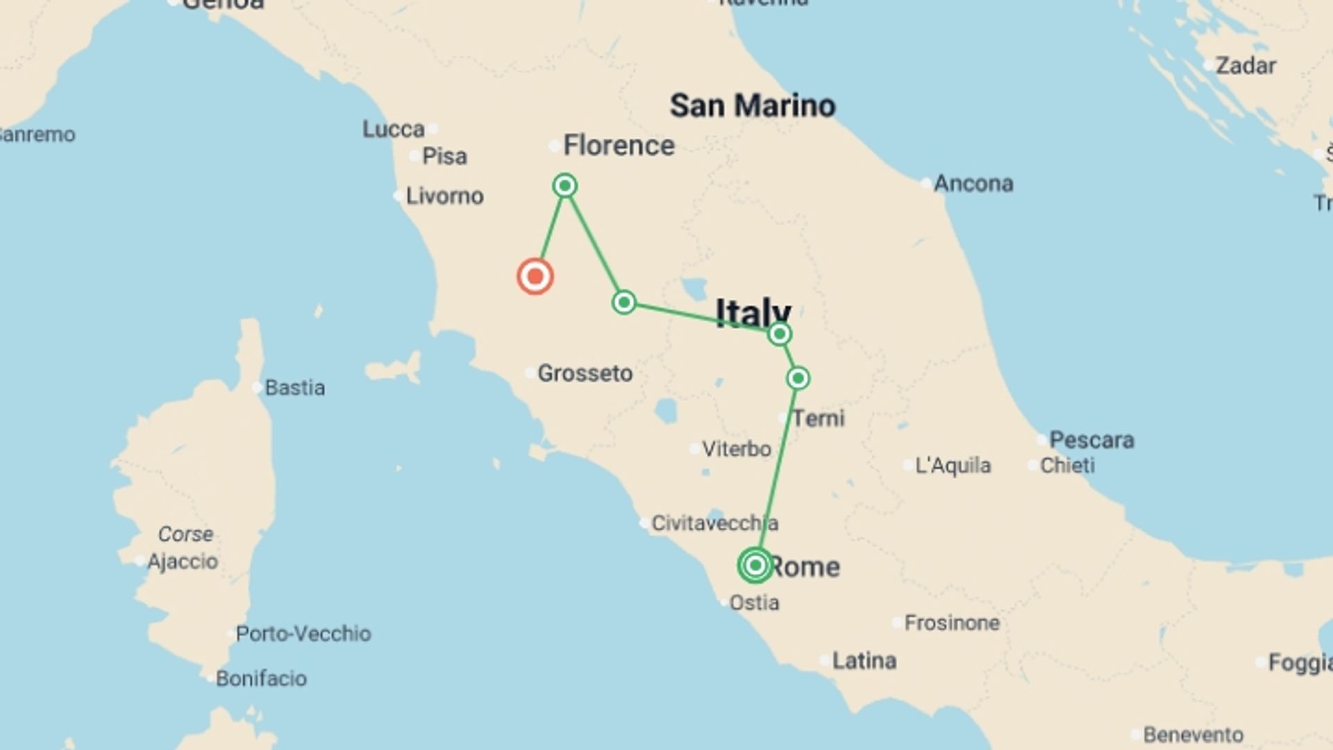 A map showing the tour itinerary for the trip: Tuscan & Umbrian Countryside featuring Italy's Charming Hill Towns, starting in Rome, Italy and ending in Tuscany, Italy going through 3 other destinations.