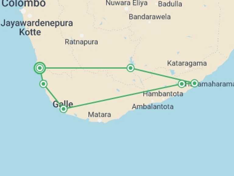 Map of Sri Lanka Tour with 2 destination visits for the trip: Yala & Galle 2 Days, Private Tour