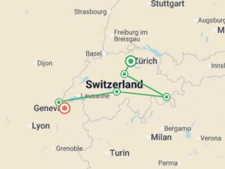 Map of Europe Cultural, religious and historic sites Tour with 5 destination visits for the trip: Magical Switzerland