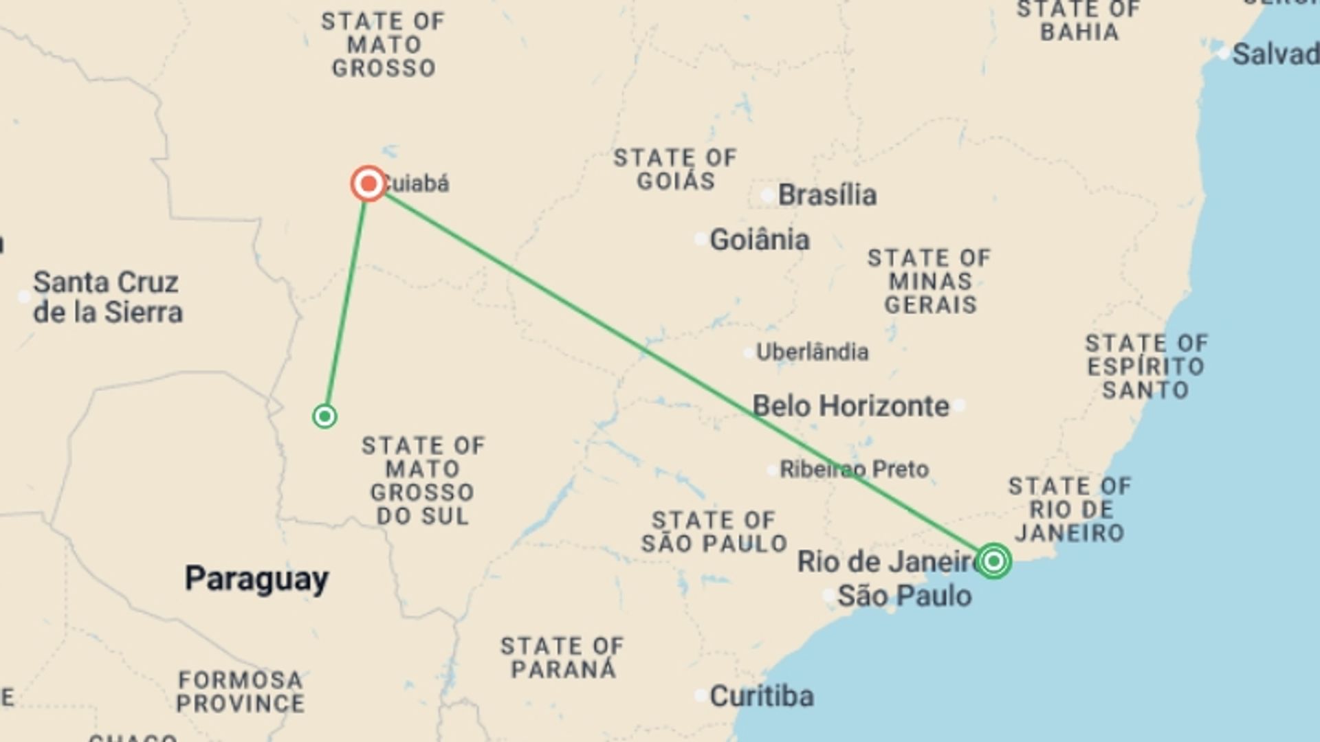 A map showing the tour itinerary for the trip: Rio, Pantanal & Jaguar Safari (Deluxe) - 8 days, starting in Rio de Janeiro, Brazil and ending in Cuiaba, Brazil going through 1 other destinations.