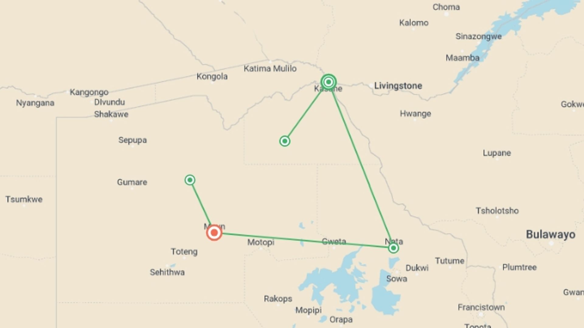 A map showing the tour itinerary for the trip: Complete Botswana: National Parks & Delta Wildlife, starting in Kasane, Botswana and ending in Maun, Botswana going through 3 other destinations.