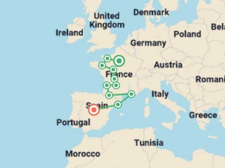 Map itinerary of Bordeaux Tour in March 2027 with 11 destination visits for the trip: Normandy, all of France and Spain