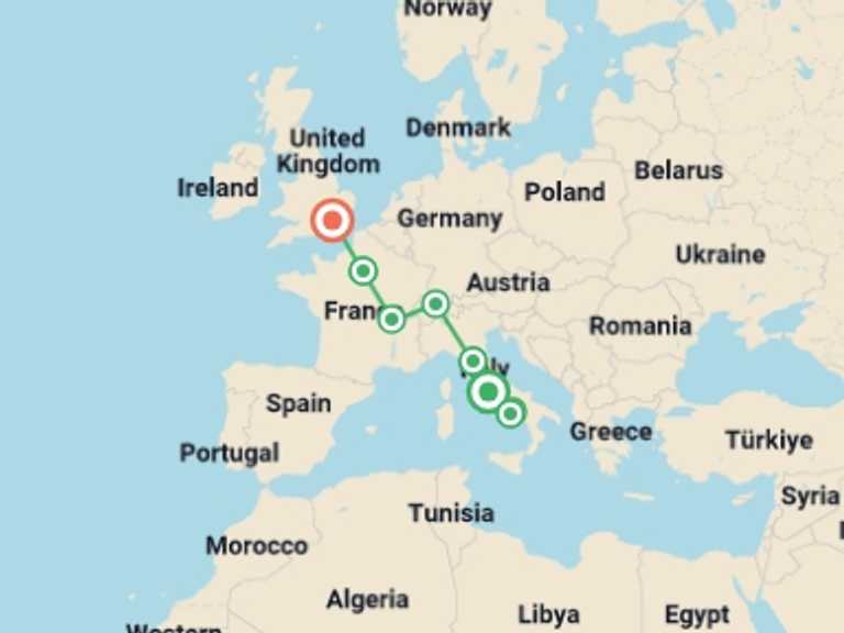 Map of 9-Day London Tour with 7 destination visits for the trip: Rome to London Vistas