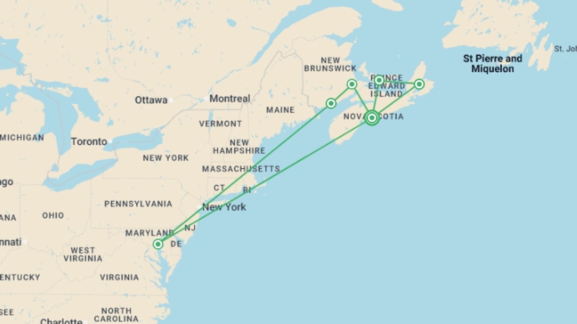 A map showing the tour itinerary for the trip: Atlantic Maritimes Adventure, starting in Halifax, Canada and ending in Halifax, Canada going through 6 other destinations.