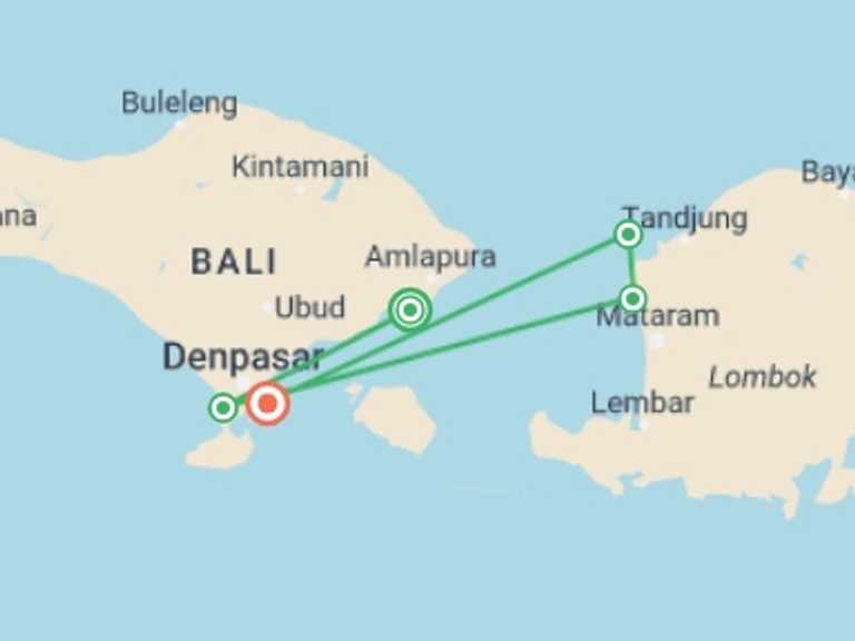 Map of Indonesia Tour with 6 destination visits for the trip: Classic Lombok