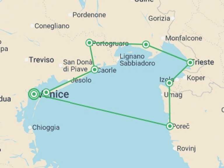 Map itinerary of Mediterranean Tour in October 2026 with 7 destination visits for the trip: Ancient Venetian Empire by Bike