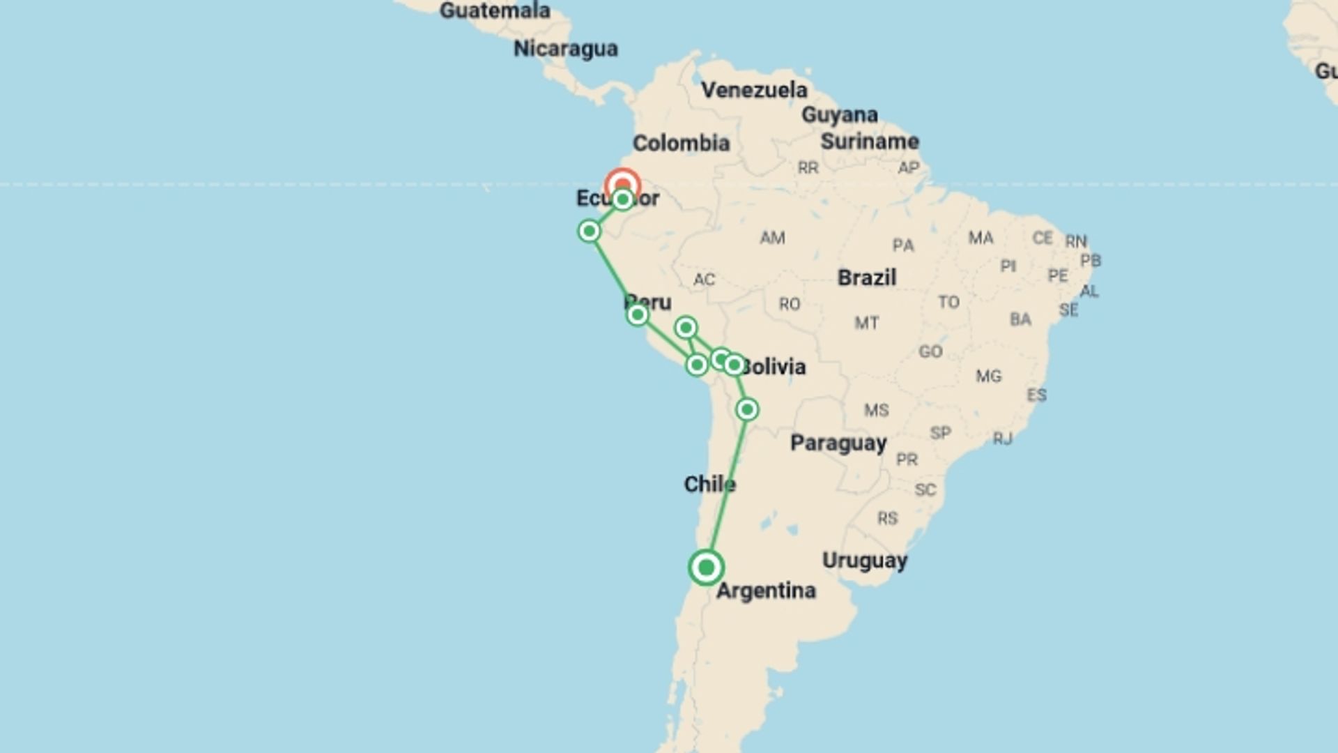 A map showing the tour itinerary for the trip: SANTIAGO to QUITO (56 days) Andes & Amazon, starting in Santiago, Chile and ending in Quito, Ecuador going through 9 other destinations.