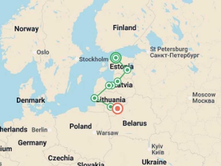 Map of Europe Tour with 8 destination visits for the trip: Discover the Baltics