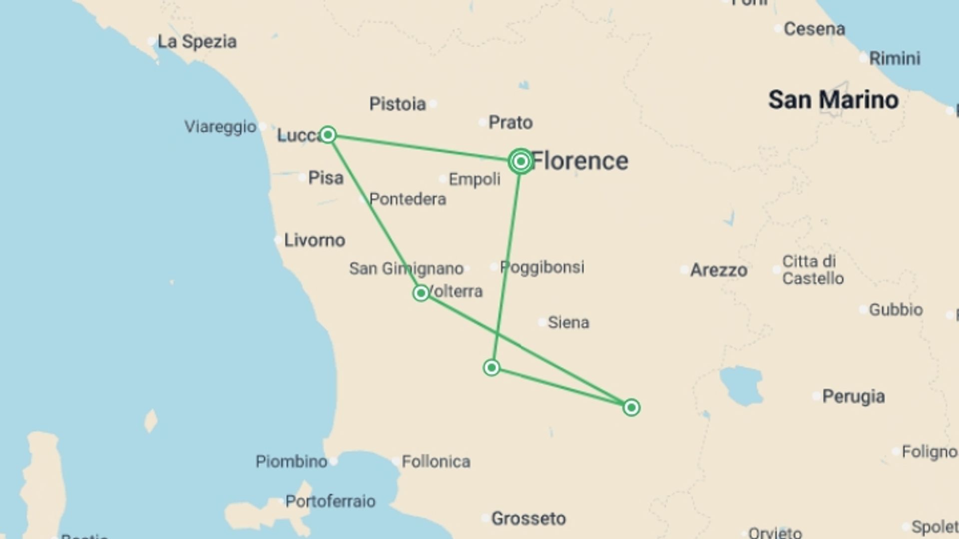 A map showing the tour itinerary for the trip: Tuscan Treats, starting in Florence, Italy and ending in Florence, Italy going through 4 other destinations.
