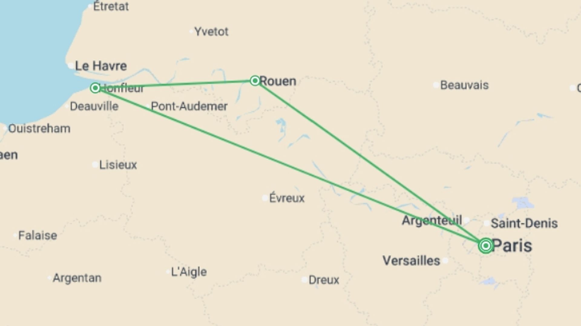A map showing the tour itinerary for the trip: The Rouen Armada and the most beautiful stops along the Seine Valley (port-to-port cruise), starting in Paris, France and ending in Paris, France going through 2 other destinations.