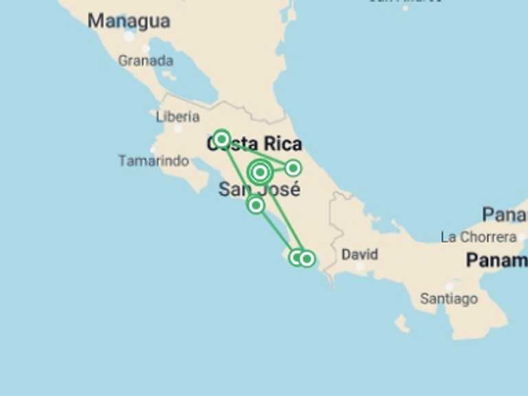 Map of San Jose Rainforest and jungle visits Tour with 8 destination visits for the trip: Costa Rica Five Star Experience