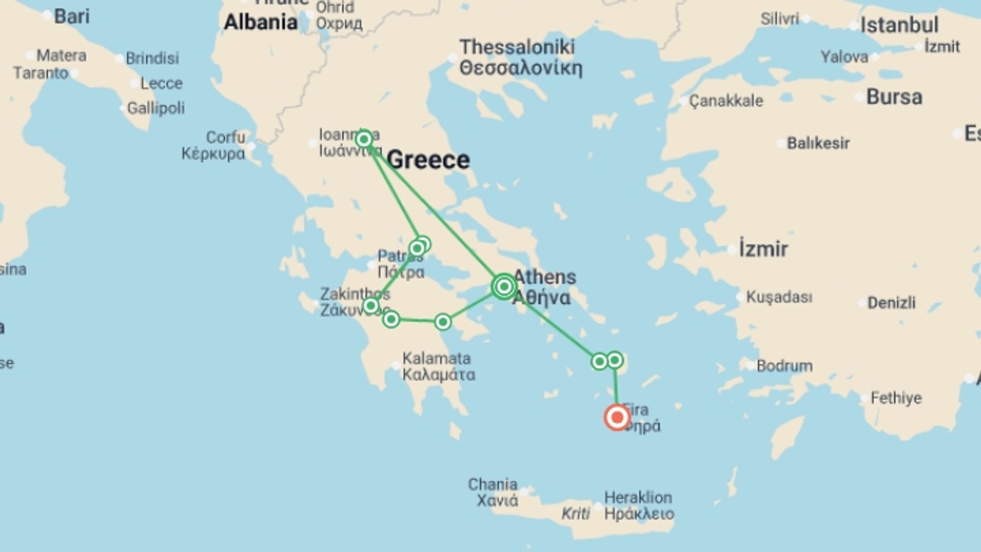 A map showing the tour itinerary for the trip: Premium Greece in Depth, starting in Athens, Greece and ending in Santorini, Greece going through 5 other destinations.