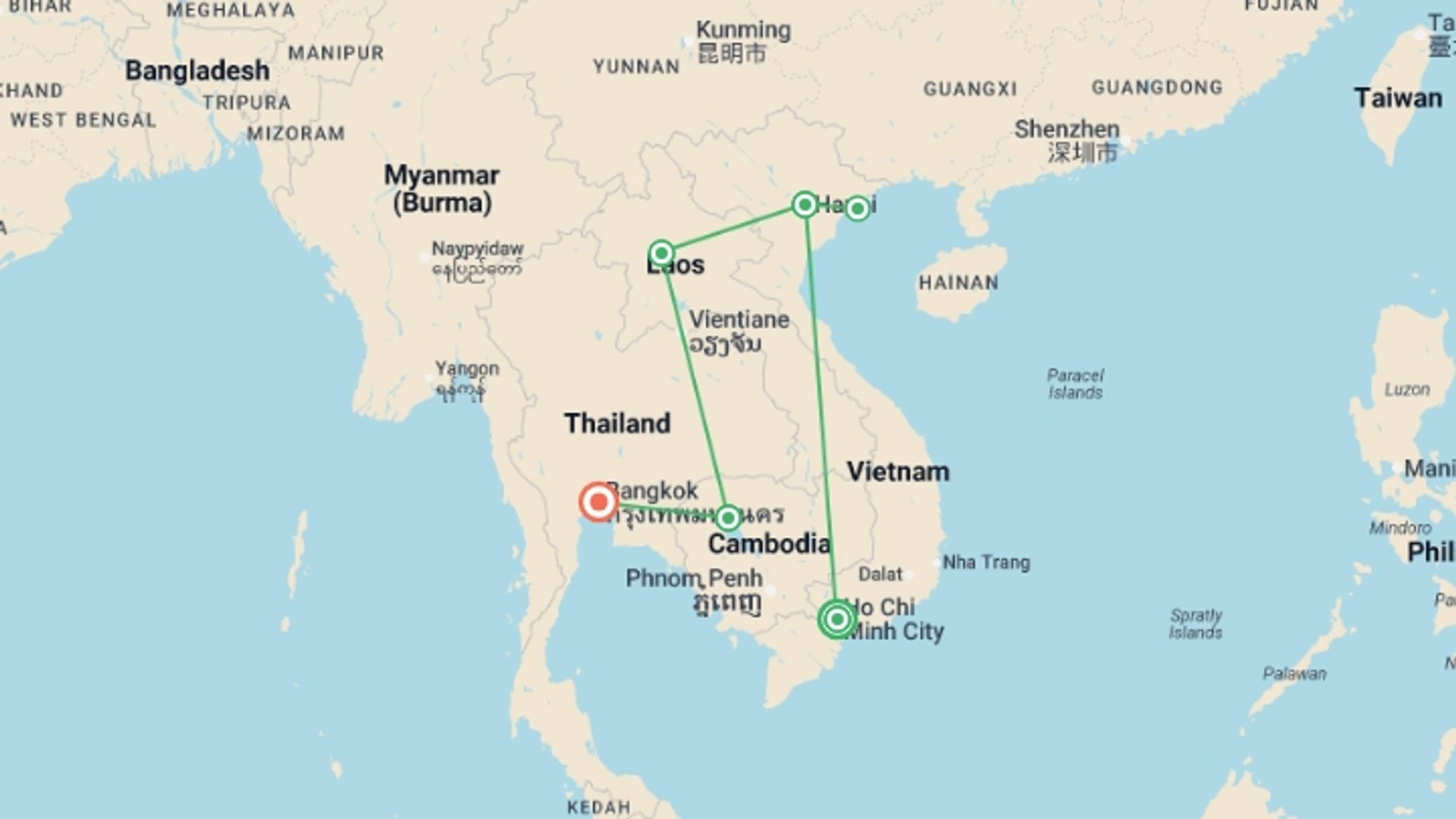 A map showing the tour itinerary for the trip: Secrets of Southeast Asia (5 Star) - 16 days, starting in Ho Chi Minh City, Vietnam and ending in Bangkok, Thailand going through 4 other destinations.