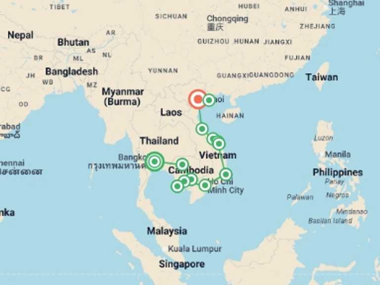 Map itinerary of South East Asia Tour in October 2026 with 13 destination visits for the trip: Cambodia to Vietnam: Night Markets & Noodle-Making
