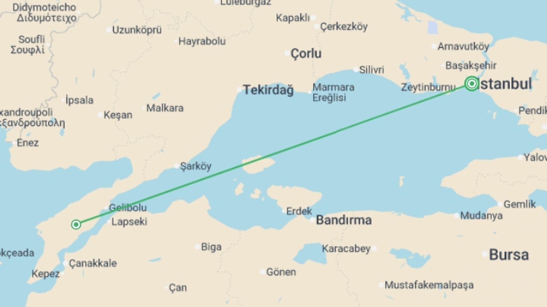 A map showing the tour itinerary for the trip: Gallipoli Battlefield Independent Short Break, starting in Istanbul, Turkey and ending in Istanbul, Turkey going through 1 other destinations.