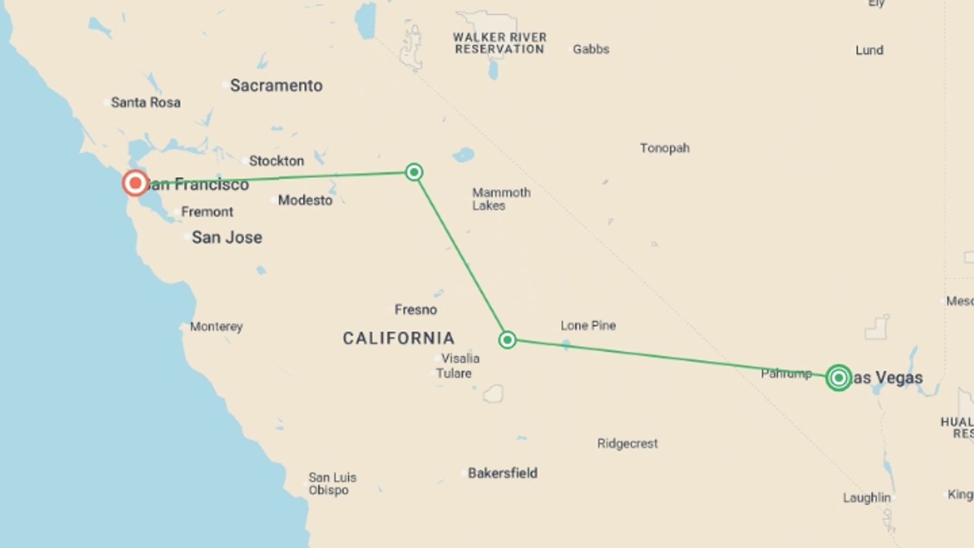A map showing the tour itinerary for the trip: Best of California's National Parks, starting in Las Vegas, USA and ending in San Francisco, USA going through 2 other destinations.