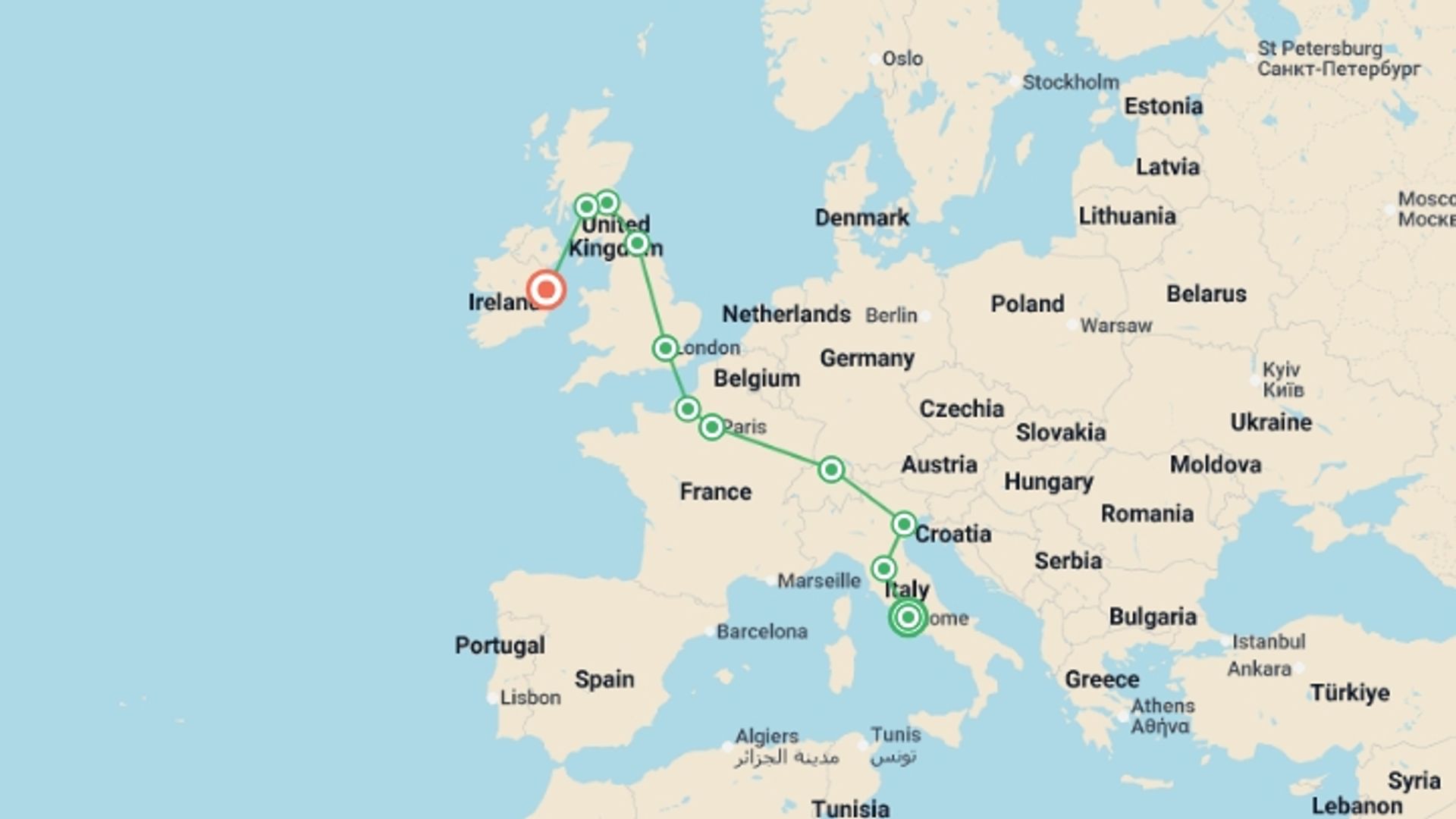 A map showing the tour itinerary for the trip: Unbelievable Adventure, starting in Rome, Italy and ending in Dublin, Ireland going through 9 other destinations.