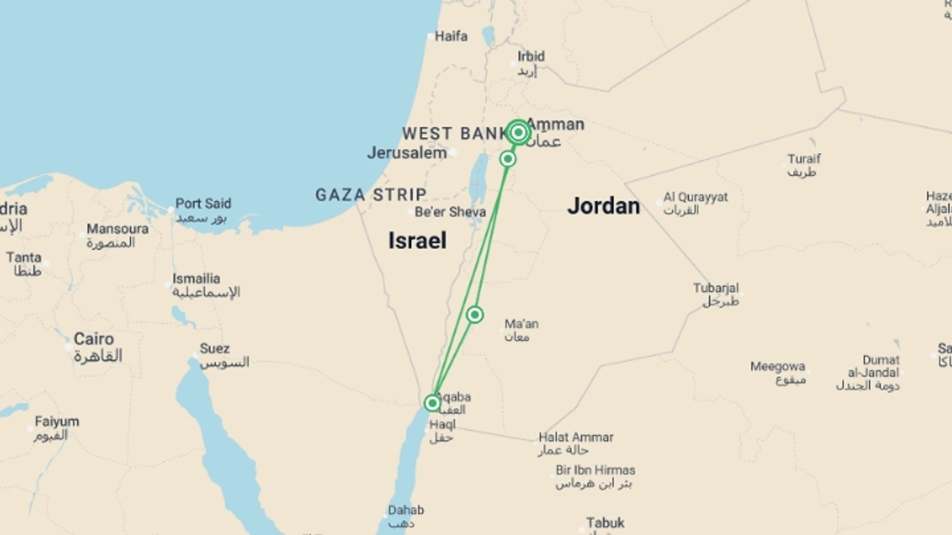 A map showing the tour itinerary for the trip: Petra & Wadi Rum by Bike, starting in Amman, Jordan and ending in Amman, Jordan going through 3 other destinations.