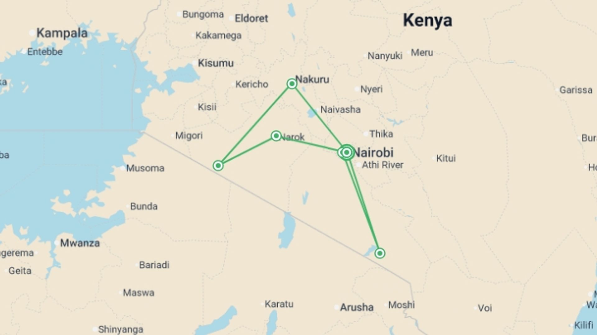 A map showing the tour itinerary for the trip: Kenya Safari Adventure, starting in Nairobi, Kenya and ending in Nairobi, Kenya going through 5 other destinations.