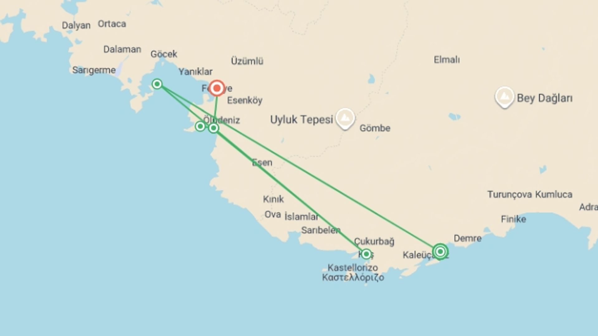 A map showing the tour itinerary for the trip: Mediterranean Serenity–Olympos / Fethiye, starting in Demre, Turkey and ending in Fethiye, Turkey going through 4 other destinations.