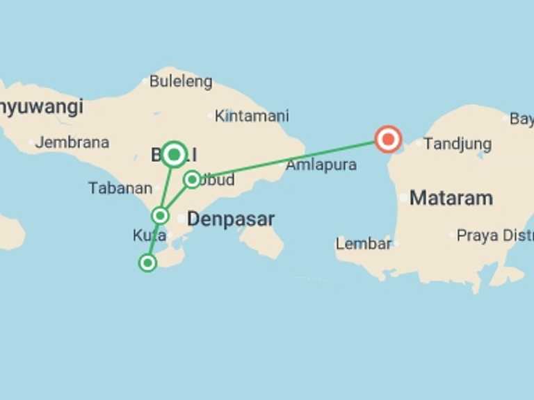 Map of Indonesia Explorer Tour with 5 destination visits for the trip: Bali Backpacker