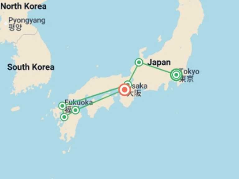 Map itinerary of Asia Tour in July 2026 with 7 destination visits for the trip: Timeless Japan - 13 days