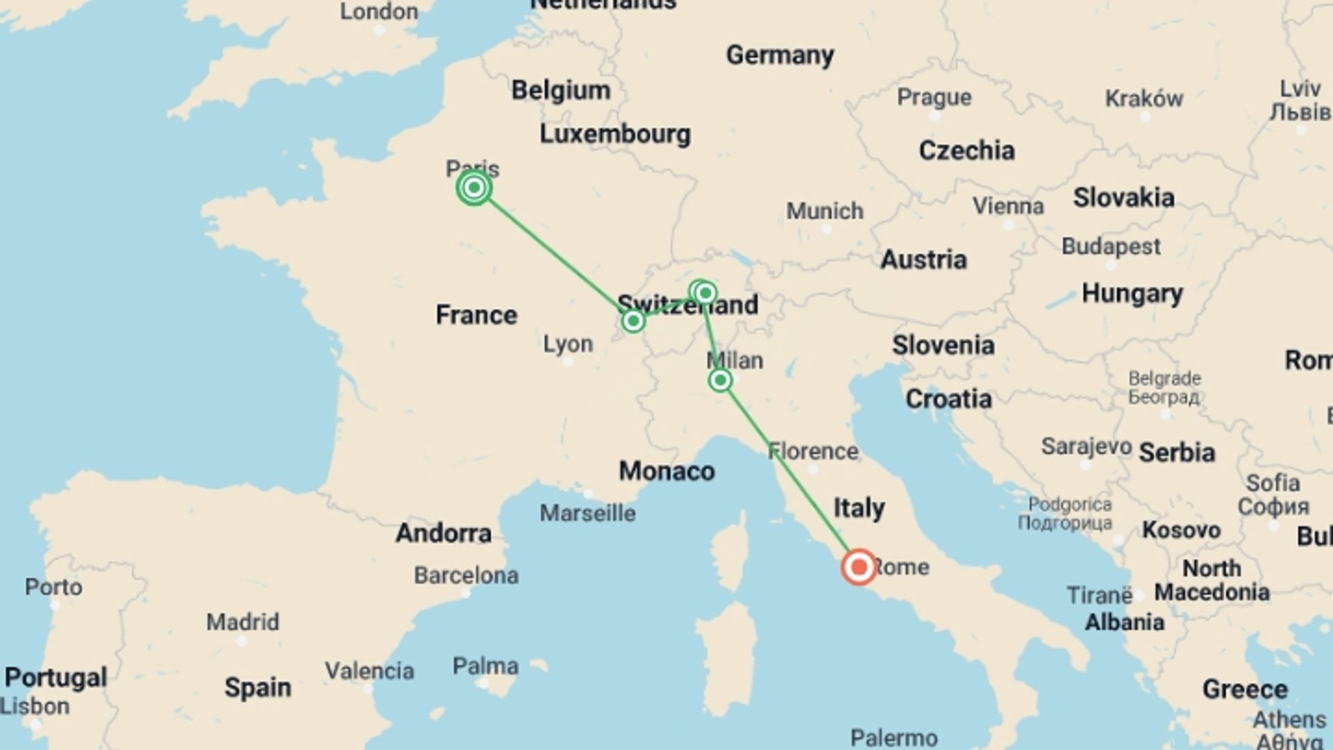 A map showing the tour itinerary for the trip: Paris to Rome by Rail, starting in Paris, France and ending in Rome, Italy going through 4 other destinations.