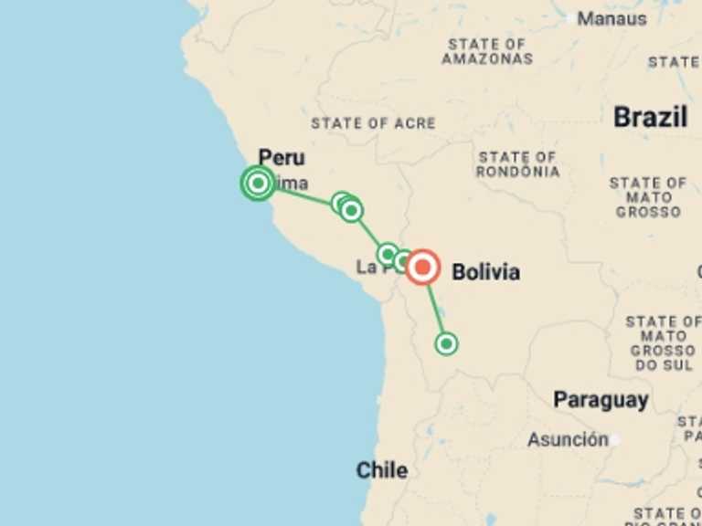 Map itinerary of South America Tour in February 2026 with 7 destination visits for the trip: Peru & Bolivia Discovery (Superior) - 13 days
