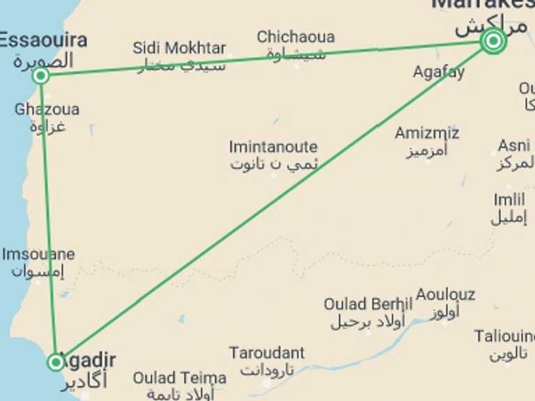 Map itinerary of Marrakech Tour in August 2027 with 3 destination visits for the trip: Coastal Morocco: Waves & Market Stalls