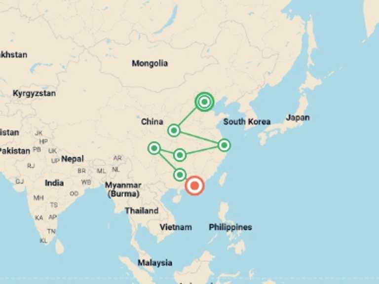 Map itinerary of Asia Tour in September 2026 with 8 destination visits for the trip: Journeys: Iconic China