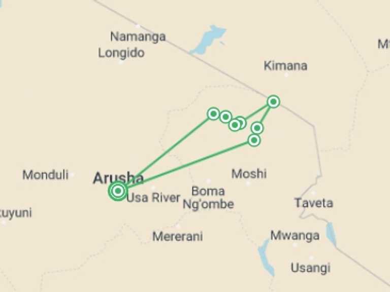Map of Tanzania Tour with 9 destination visits for the trip: Kilimanjaro - Remote Northern Circuit