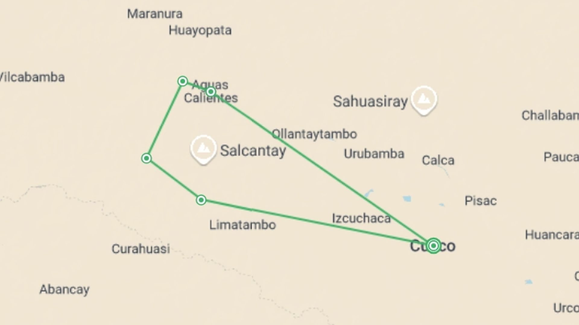 A map showing the tour itinerary for the trip: Salkantay Trek to Machu Picchu 6D/5N, starting in Cusco, Peru and ending in Cusco, Peru going through 4 other destinations.