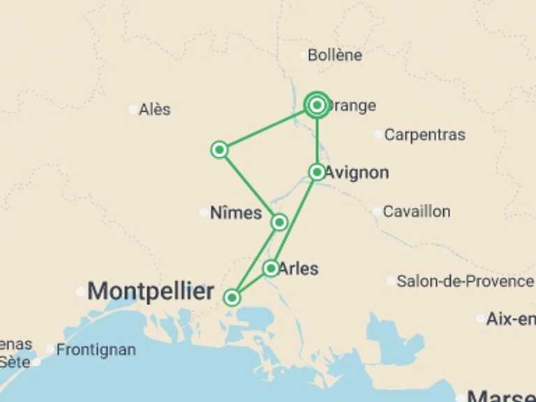 Map itinerary of Mediterranean Tour in May 2026 with 7 destination visits for the trip: Highlights of Provence by Bike