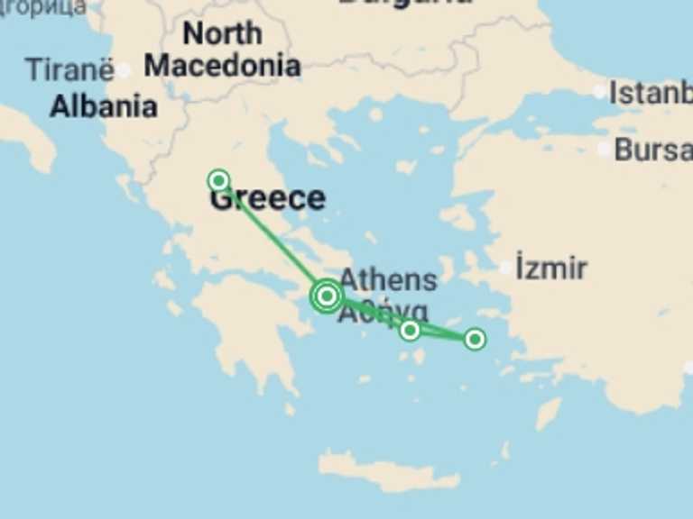 Map itinerary of Greece Tour in September 2026 with 4 destination visits for the trip: Athens, Northern Greece and the Beautiful Aegean Int