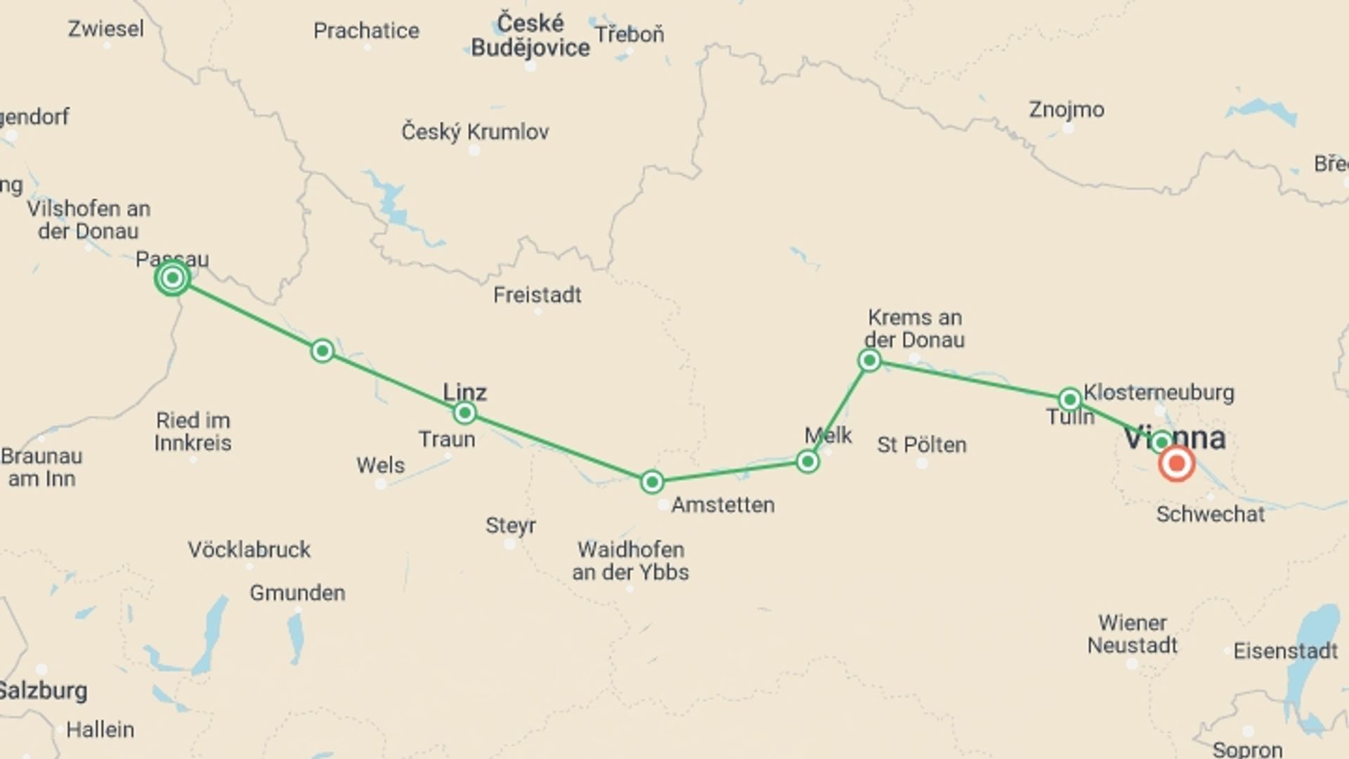 A map showing the tour itinerary for the trip: Passau to Vienna Cycle Deluxe, starting in Passau, Germany and ending in Vienna, Austria going through 7 other destinations.