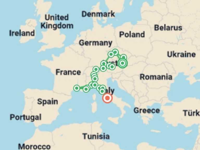 Map itinerary of Mediterranean Tour in August 2026 with 9 destination visits for the trip: Vienna to the French Riviera & Rome - 14 days